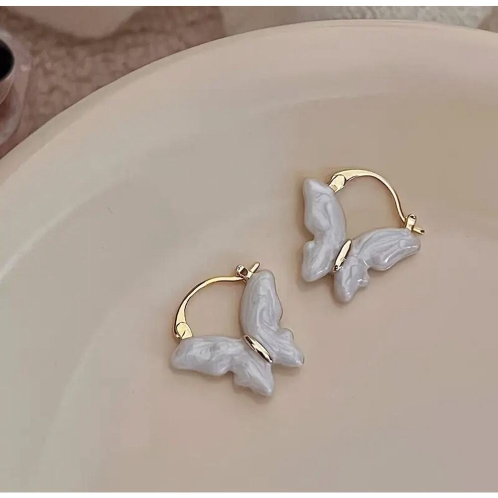 Kawaii Butterfly Hoop Earrings, Soft Lovely White, Butterfly Earrings, Fun Gift